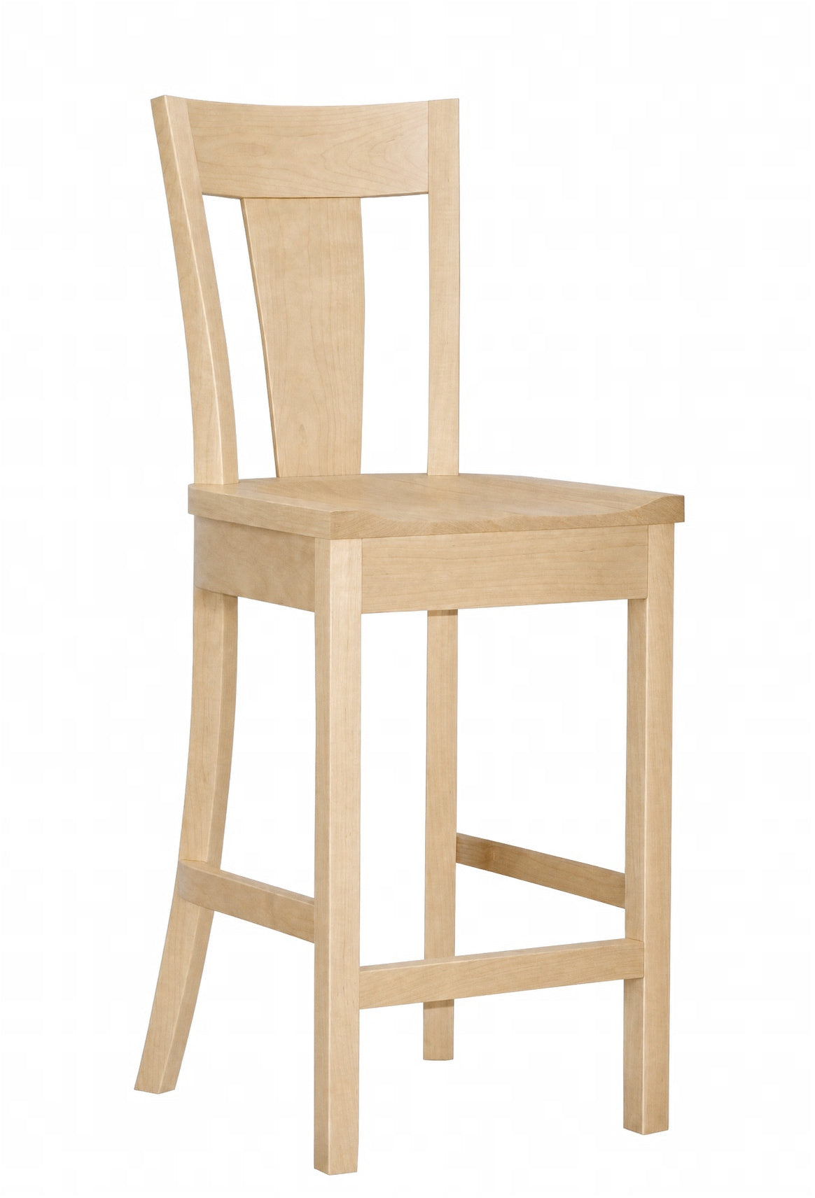 A light natural wood barstool with a slatted backrest and four legs, shown against a plain white background.