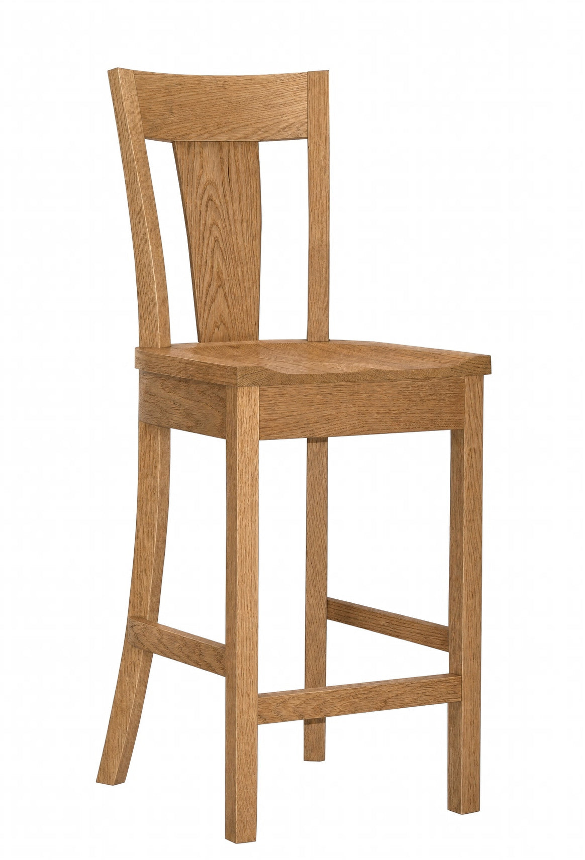 A wooden barstool with a natural oak finish, featuring a curved backrest, square seat, and front support brace, shown against a plain white background.