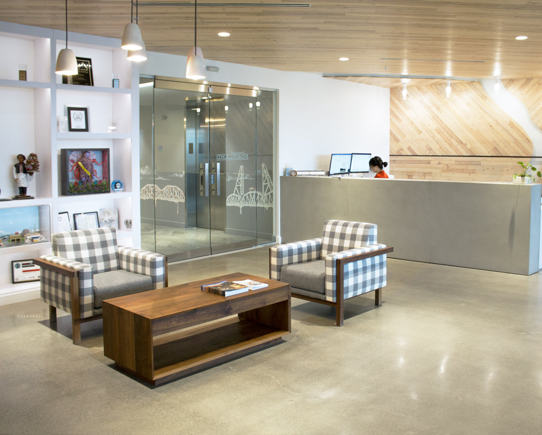 Modern Coffee Table in Eastern Walnut with Celilo Lounge Chairs 